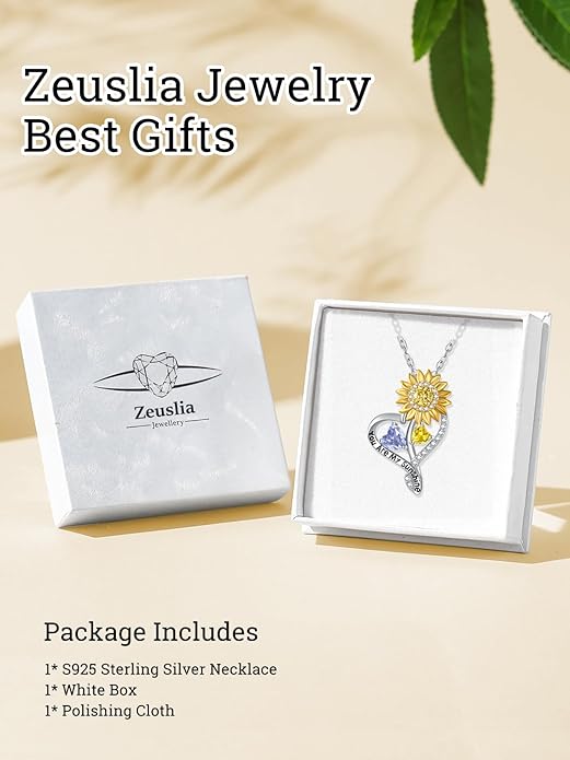 Zeuslia Double Birthstone Necklace Gifts for Wife - 925 Sterling Silver Sunflower/Rose/Crown Cross/Compass/Heart Pendant I Love You Necklace, Anniversary Birthday Gifts for Wife Girlfriend Mom Her