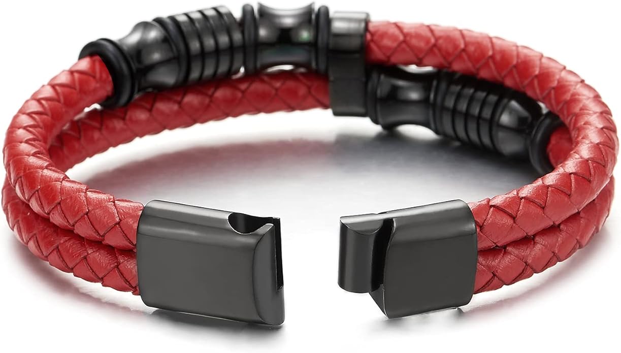 COOLSTEELANDBEYOND Mens Double-Row Braided Leather Bracelet Bangle Wristband with Stainless Steel Ornaments
