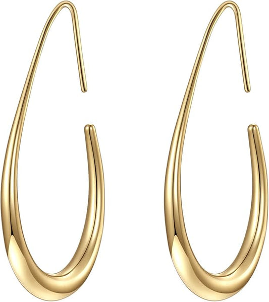 Lightweight Teardrop Hoop Earrings for Women - 14k Gold/White Gold Plated Large Oval Pull Through Hoop Earrings High Polished Statement Jewelry Gift for Women