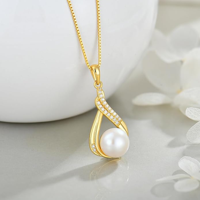 Veshon Celtic Infinity Pearl Pendant Necklace for Women, 925 Sterling Silver Good Luck Irish Pendant with 10MM Freshwater Cultured Pearl, White/Rose/ 14K Gold Plated Jewelry Gift