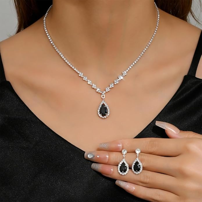 JczR.Y Rhinestone Tennis Necklace Earring Set Zircon Crystal Teardrop Pendant Necklaces Rhinestone Bridal Necklace Earrings for Women Wedding Gowns Prom Statement Jewelry Set