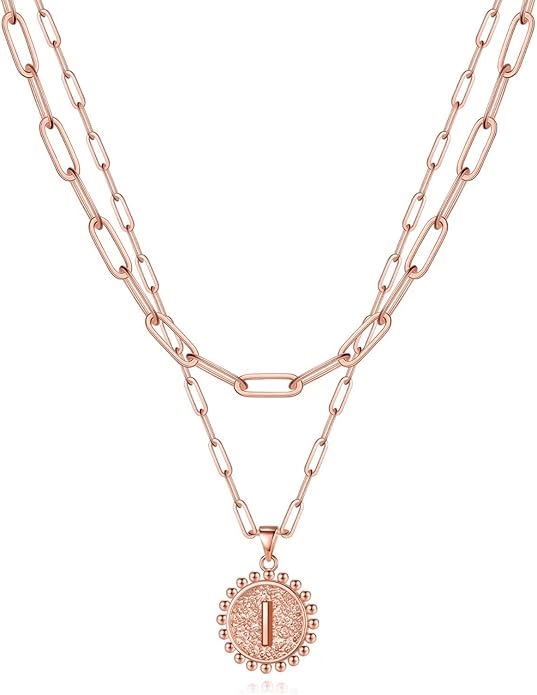 Yoosteel Gold Initial Necklaces for Women, 14K Gold Plated Dainty Layering Paperclip Link Chain Necklace Coin Initial Layered Necklaces for Women Personalized Birthday Gifts