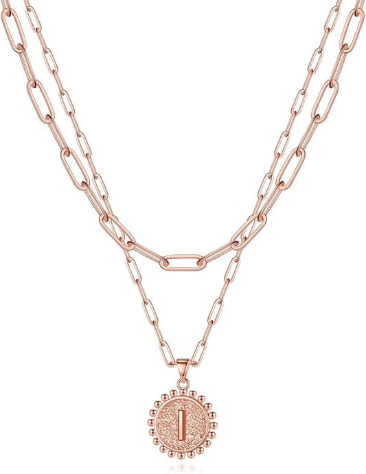 Yoosteel Gold Initial Necklaces for Women, 14K Gold Plated Dainty Layering Paperclip Link Chain Necklace Coin Initial Layered Necklaces for Women Personalized Birthday Gifts