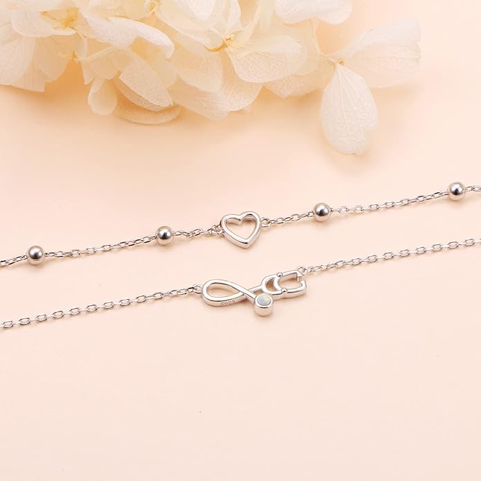 FLYOW Anklet for Women S925 Sterling Silver Adjustable Foot Beaded Heart Charm Ankle Bracelet Anklets Jewelry
