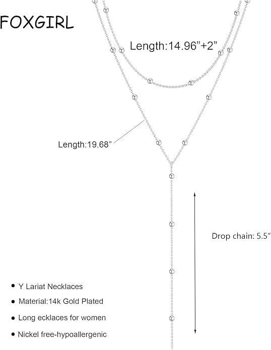 Foxgirl Lariat Gold Necklace for Women, Dainty Long Necklace 14k Gold Plated/Silver Y-Shaped Pendant Necklace Trendy Layered Cz Beaded Chain Drop Necklaces Simple Gold Jewelry For Women Gift