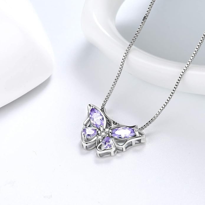 Aurora Tears Butterfly Birthstone Pendant Necklace - Women 925 Sterling Silver Butterflies Birthstone Pendant Necklace Jewelry Birthday Gift for Women