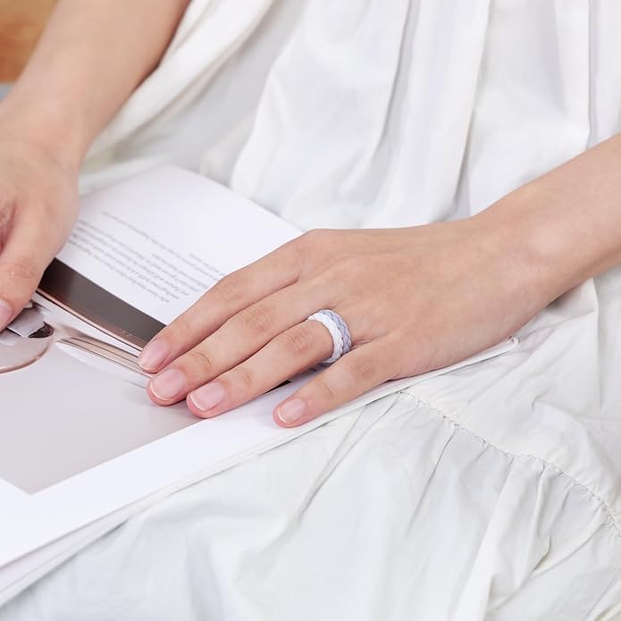 Egnaro Women's Silicone Stackable Rings 3.5mm Wide 2mm Thick, Rubber Flexible Hypoallergenic Wedding Bands For Workout Leaf Braided Fashion