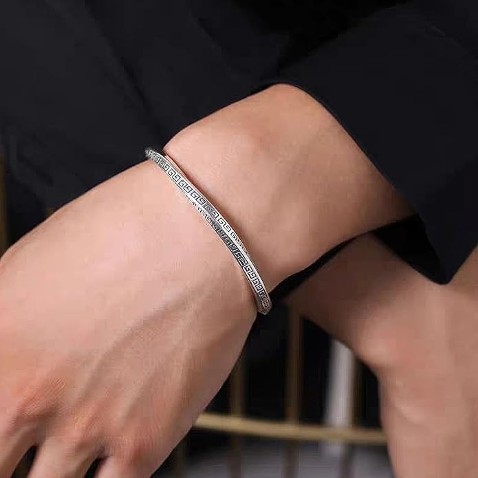 Kim Carrey S925 Sterling Silver Bracelet, Open Bangle Cuff Design, Men's Stacked Bracelets Gift Jewelry for My Man