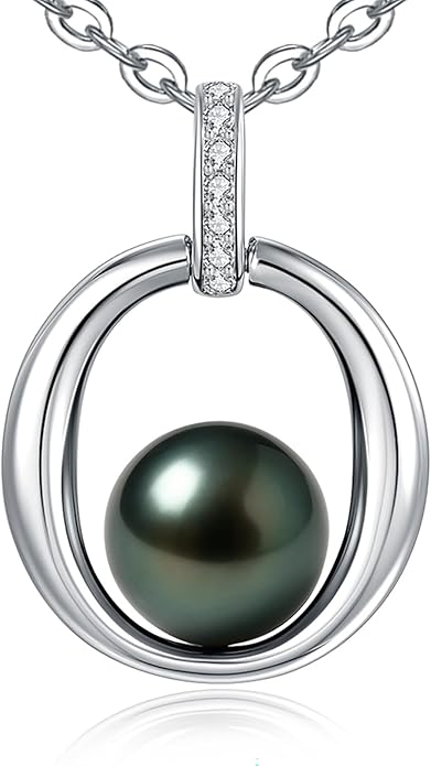 Genuine Tahitian Black Pearl Necklace for Women, 9-11mm AAAA Seawater Pearl with Sterling Silver Moissanite Pendant, Jewelry Gift for Wife, Mom, Girlfriend, Wedding Anniversary, Birthday, Christmas