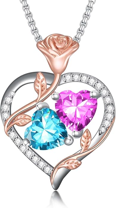 Christmas Gifts for Women Rose Heart Birthstone Pendant Necklace I Love You Forever Jewelry Valentine Mothers Day Birthday Gifts for Women Her Wife Girlfriend