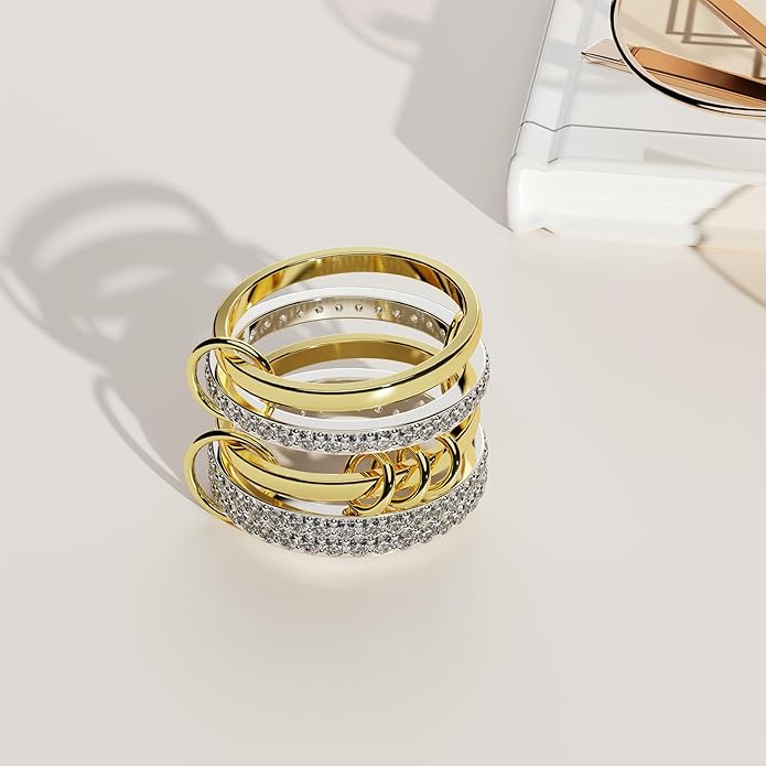 Stackable Rings For Women Non Tarnish,Two-Tone 18K Gold Silver Mixed Metals Interlocked Ring, Cubic Double-Layer Zirconia Interlocked Fashion Accessories Jewelry, Special Statement Ring Set Gifts For Women