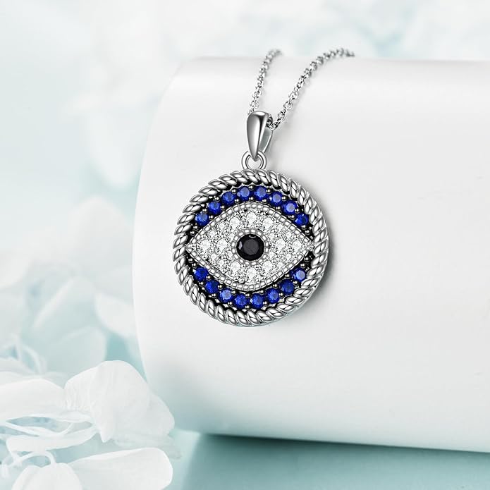 YFN Evil Eye Pendant Necklace for Women 925 Sterling Silver Greek Protection Jewelry with Blue Sapphire and Black Cz Amulet Gift