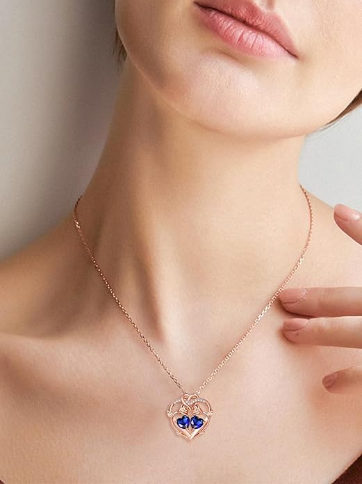Rose Gold Necklaces for Women Double Birthstone Rose Flower Heart Pendant Necklace Jewelry Anniversary Christmas Valentine's Mother's Day Birthday Gift for Wife Mom Her Girlfriend Sister