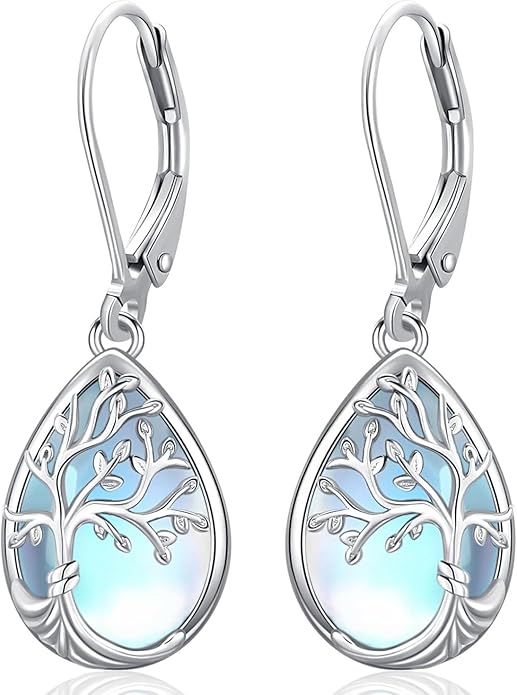 Tree of life Dangle Earrings Sterling Silver Moonstone/Turquoise/Malachite Earrings for Women Filigree Leverback Earrings Jewelry Gifts