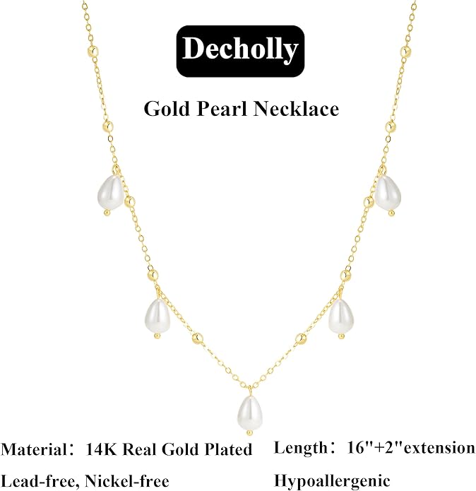 Gold Pearl Necklaces for Women Trendy, 14K Gold Plated Dainty Necklace Simple Layered Pearl Necklaces for Women Trendy Wedding Birthday Jewelry