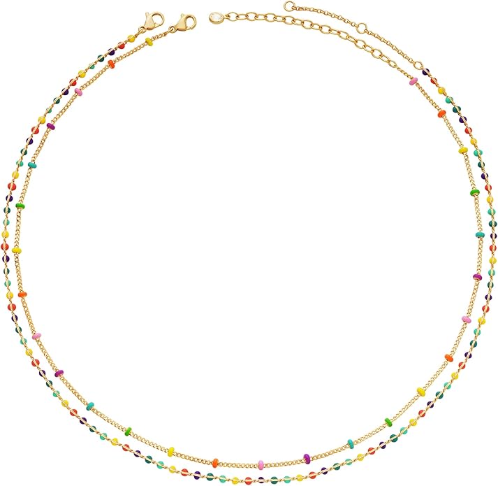 MTMY Beaded Necklaces for Women 14K Gold Plated Dainty Colorful Green/Rose Beaded Pearl Choker Necklace Delicate Boho Choker Necklace Jewelry Gift