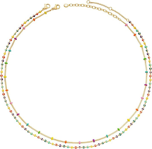MTMY Beaded Necklaces for Women 14K Gold Plated Dainty Colorful Green/Rose Beaded Pearl Choker Necklace Delicate Boho Choker Necklace Jewelry Gift