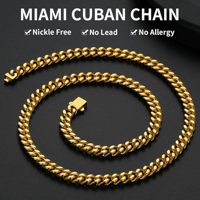 ChainsHouse Stainless Steel Mens Cuban Link Chain, Black/ 18K Gold Plated Miami Cuban Chain Necklace, 5mm/7mm/9mm/12mm/14mm Width, No Tarnish& Durable Hip Hop Mens Jewelry, 18"-30", Send Gift Box