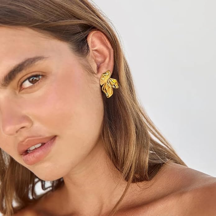 Chunky Gold Statement Earrings For Women Gold Plated Sectored Flower Leaf Shell Angel Wing Earrings Large Stud Earrings Hypoallergenic Earrings