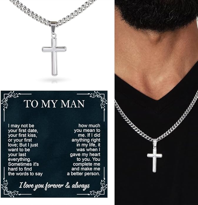 SUTERY Cross Cuban Chain Necklace - Promise Necklace for Him, Necklace for Boyfriend, Mens Necklace for Fiance, Valentine's Day