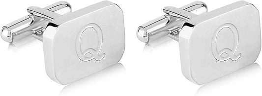 18K White-Gold Plated Initial Engraved Stainless Steel Men’s Cufflinks With Gift Box -Personalized Alphabet Letter’s A-Z By Lux & Pair
