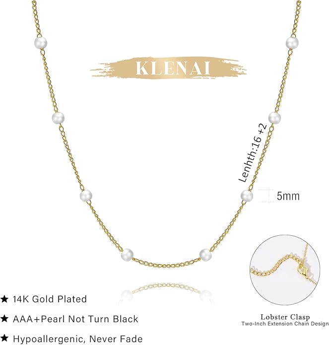 Gold Pearl Necklace for Women, 14K Gold Plated Layered Pearl Necklaces for Women Trendy Simple Herringbone Chain Pearl Necklace for Women Gold Jewelry Gifts