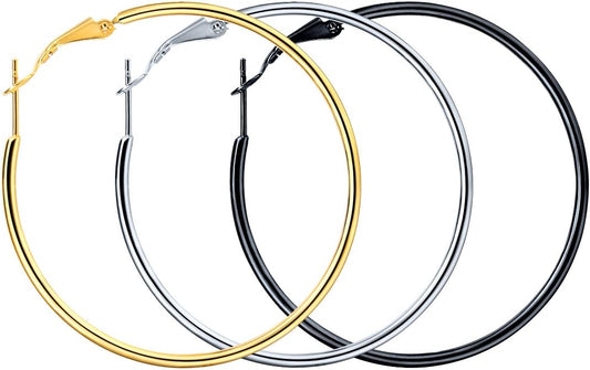 FOCALOOK 14K Gold Plated Lightweight Large Hoops| 2mm Thin Hoop Earrings for Women 30/40/50/70/100mm