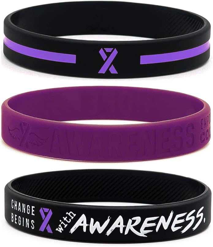 Inkstone (12-Pack) Purple Awareness Ribbon Bracelets, Variety Pack - Wholesale Pack of 12 Silicone Rubber Wristbands to Symbolize Hope, Courage, Strength, and Support - Unisex for Men Women Teens…