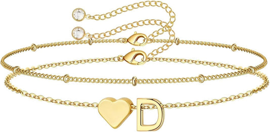M MOOHAM Christmas Gifts for Grandkids Teens Girls -14K-Gold-Plated Heart Initial Bracelets for Women Girl Dainty Gold Bracelets Birthday Gift Stocking Stuffers for Women Teenage Girls Kids Gifts