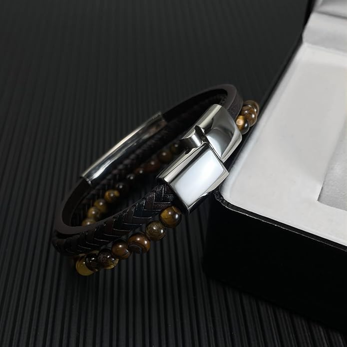 Italian Handmade Genuine Leather Bracelets for Men Stainless Steel Clip, Men's Casual Genuine Multi-layer Cuff Bracelet, Bracelet Gift for Real Men