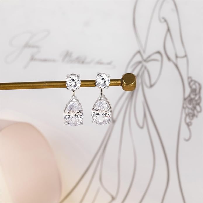 EAMTI Teardrop Wedding Earrings for Women Cubic Zirconia Dangle Bridal Earrings 925 Sterling Silver Post Pear Cut Earring for Prom Bridesmaid