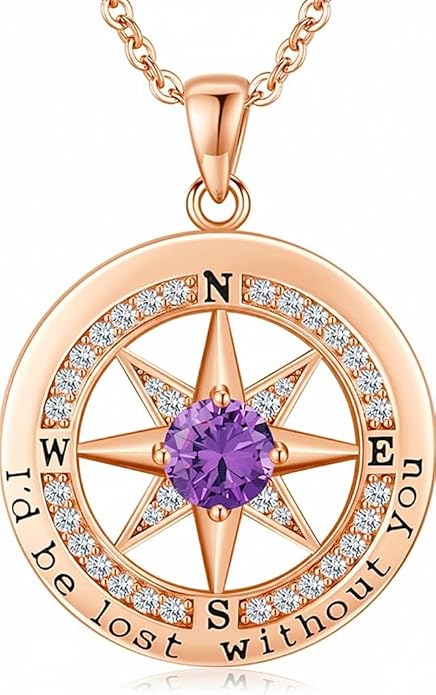 Compass Necklace for Women Wife Girlfriend Mom Daughter Gifts S925 Silver Jewelry For Anniversary Rose Gold Gifts For Birthday Christmas Mothers Valentines Day 12 Birthstones