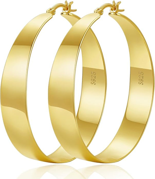 10MM Wide Thick Gold Hoop Earrings for Women Hypoallergenic 925 Sterling Silver Large Hoop Lightweight Chunky Hoops Earring for Women Jewelry Gifts