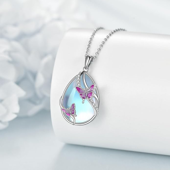KQF Dragonfly/Butterlfy/Cat/Jellyfish/Bunny/Axolotl/Bee/Mermaid/Hummingbird/Elephant Necklace for Women Sterling Silver Moonstone Pendant Necklace Dragonfly Jewelry Gifts for Women