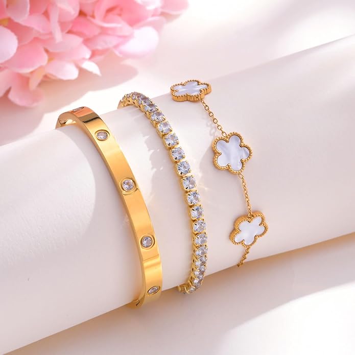 Womens Stackable Floral Gold Bracelets - 3Pcs 18K Gold Plated Bracelet,Stainless Steel Bangle Bracelets Non Tarnish, Gold Bracelet Set Trendy Jewelry,Christmas Valentines Birthday Gifts for Girlfriend