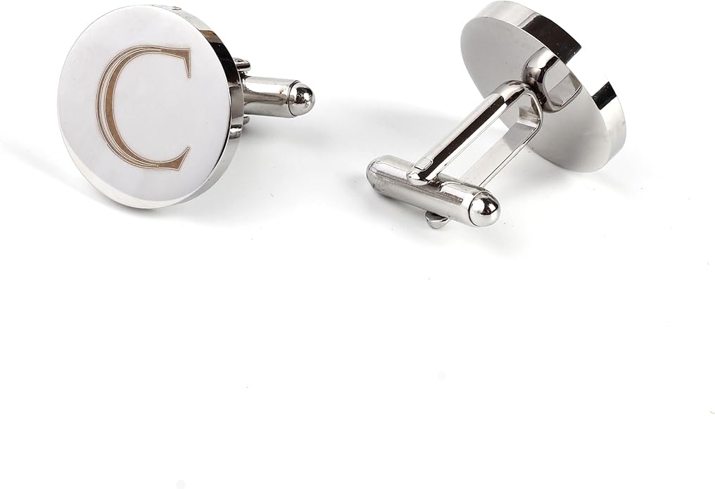 Mens Initial Silver Cufflinks A-Z Alphabet Letter Steel Cuff Links with Engraved Walnut Wood Box Groom Groomsman Wedding Set…