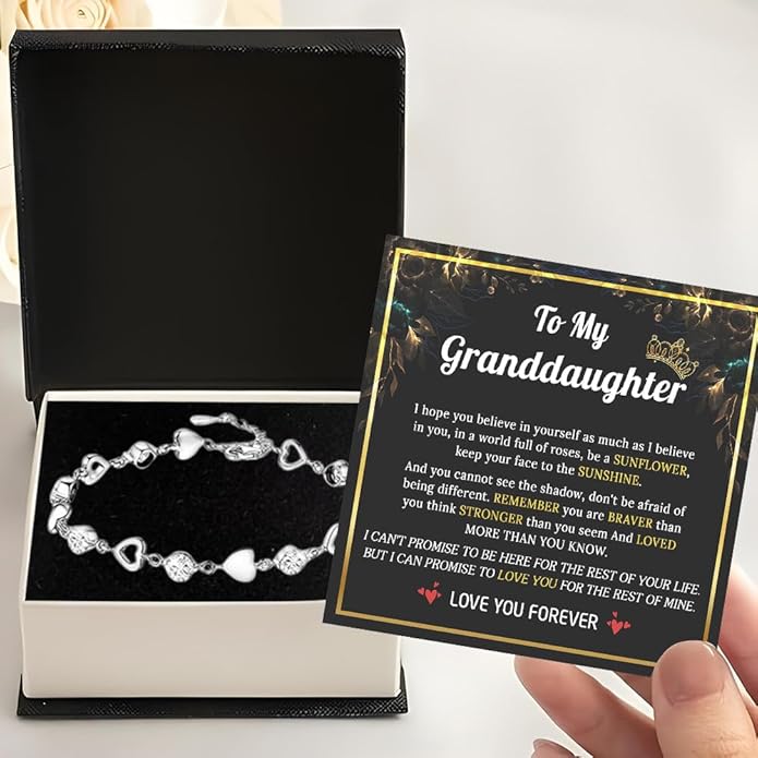 To My Granddaughter Heart Bracelet, Meaningful Jewelry Gift, Bracelet For Granddaughter from Grandma Grandpa with Message Card and Box on Christmas, Birthday, Graduation, Bracelets For Women