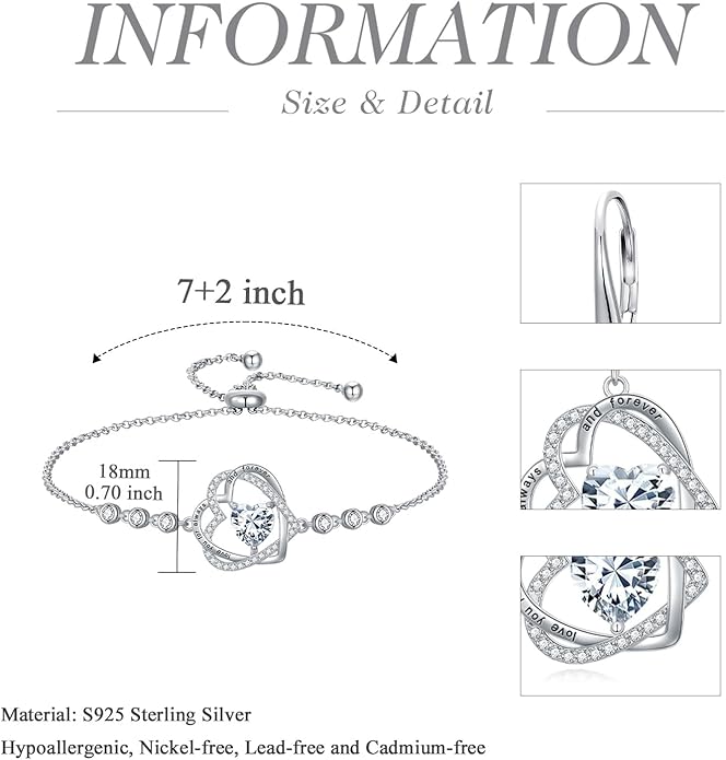 TOUPOP Heart Birthstone Bracelet 925 Sterling Silver Double Heart Bracelet Love You for Always and Forever Jewelry Anniversary Birthday Christmas Gifts for Women Wife Her