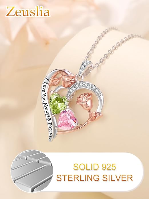 Zeuslia Double Birthstone Necklace Gifts for Wife - 925 Sterling Silver Sunflower/Rose/Crown Cross/Compass/Heart Pendant I Love You Necklace, Anniversary Birthday Gifts for Wife Girlfriend Mom Her