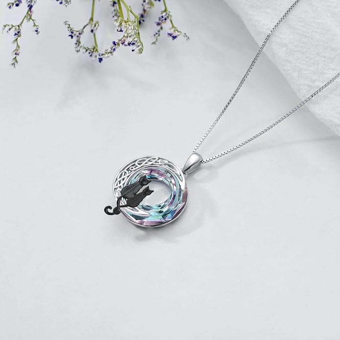 TOUPOP Christmas Cat Gifts for Cats Lovers One Two Three Four Cats Necklace Sterling Silver Cats on the Moon Pendant Necklace with Blue Circle Crystal Birthday Christmas Celtic Jewelry Gifts for Women