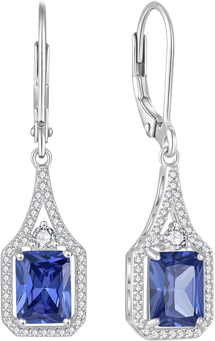 Emerald Cut Dangle Drop Earrings 925 Sterling Silver Halo Rectangular Leverback Earrings Birthstone Jewelry for Women