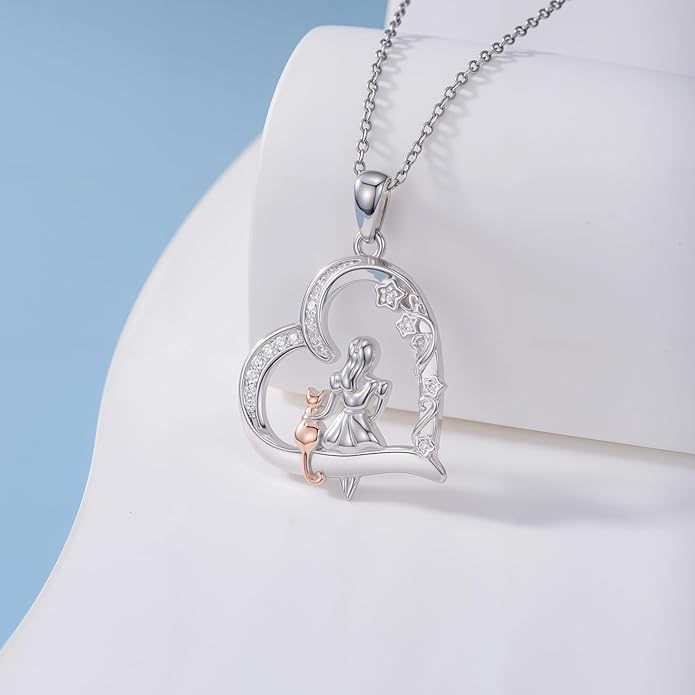 Cat Gifts for Women 925 Sterling Silver Heart Moon Cat Necklace Pendant Women Jewelry Halloween Christmas Gifts