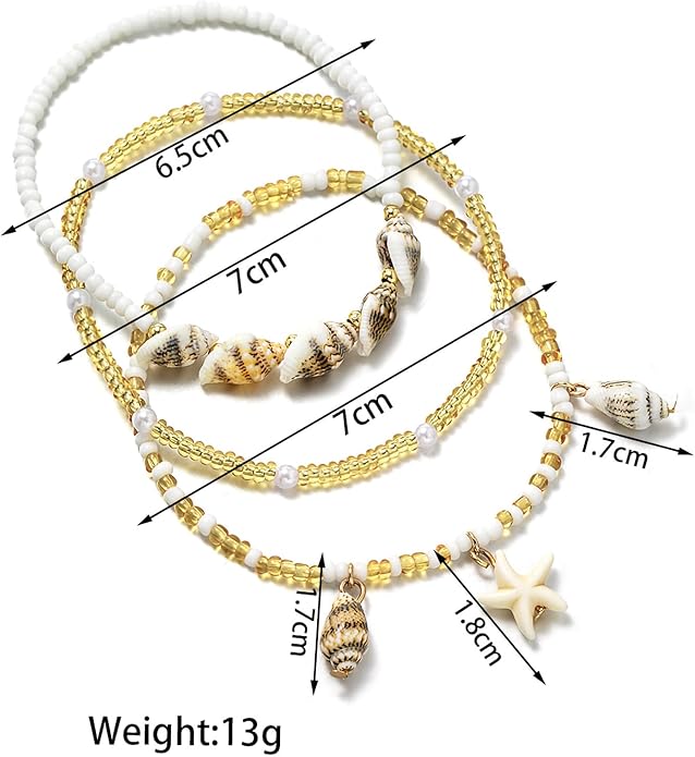 Shell Ankle Bracelet Set for Women, Gold Plated Boho Bead Adjustable Anklet, Hawaiian Beach Seashell Pearl Heart Starfish Conch Foot Jewelry Gifts