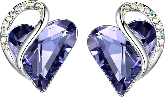 Earrings for Women, Mothers Day Gift for Mom, Heart Birthstone Crystal Stud Earring, Silver Plated Birthday Jewelry
