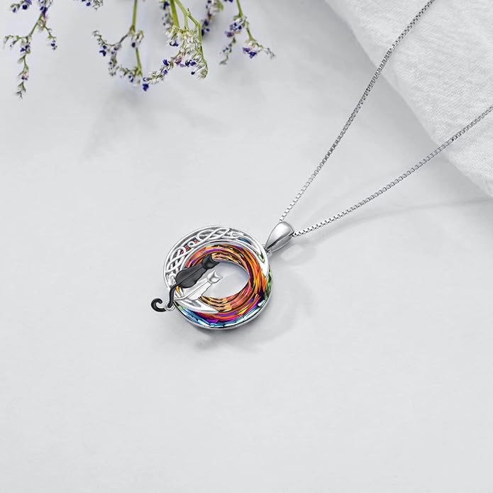 TOUPOP Christmas Cat Gifts for Cats Lovers One Two Three Four Cats Necklace Sterling Silver Cats on the Moon Pendant Necklace with Blue Circle Crystal Birthday Christmas Celtic Jewelry Gifts for Women