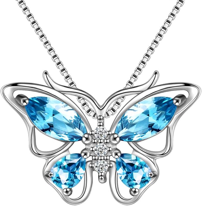Aurora Tears Butterfly Birthstone Pendant Necklace - Women 925 Sterling Silver Butterflies Birthstone Pendant Necklace Jewelry Birthday Gift for Women