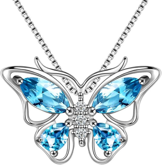 Aurora Tears Butterfly Birthstone Pendant Necklace - Women 925 Sterling Silver Butterflies Birthstone Pendant Necklace Jewelry Birthday Gift for Women