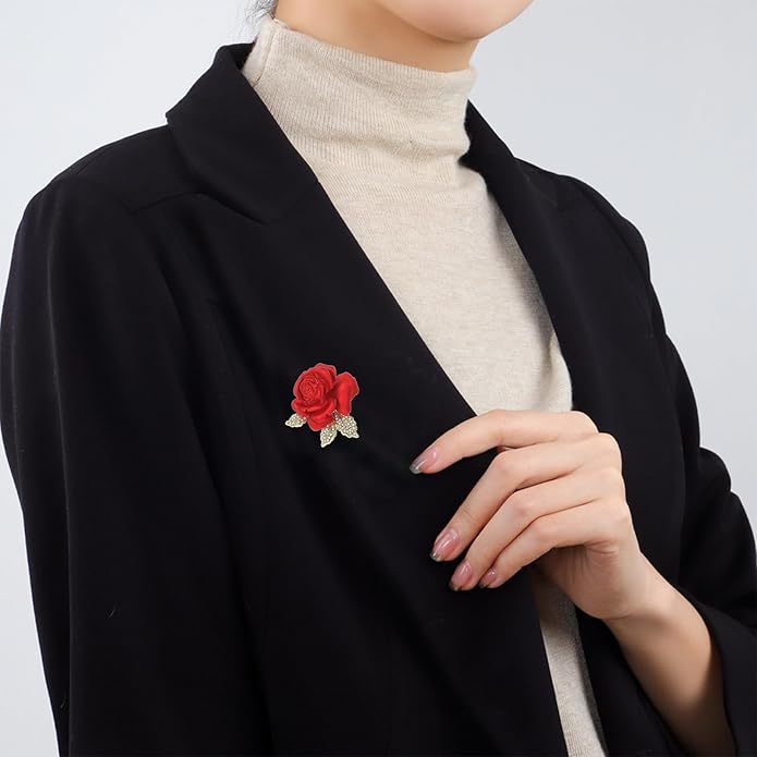 QLUYCKW Rose Flower Brooch Pin for Women Fashion Dainty Gold Plated 3D Red Roses Floral Crystal Brooch Pin Birthday Dress Suit Accessories Jewelry