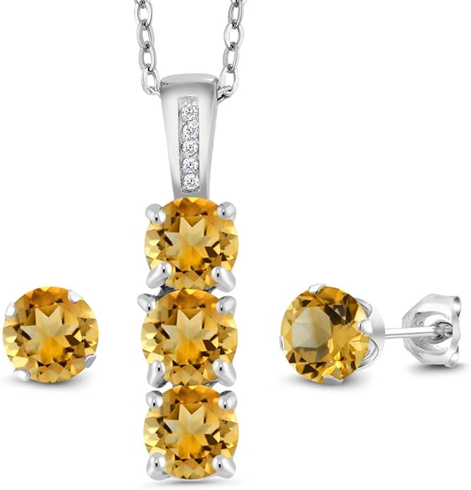 Gem Stone King 925 Sterling Silver 5MM Gemstone Birthstone and White Diamond 3-Stone Pendant and Earrings Jewelry Set For Women | With 18 Inch Chain