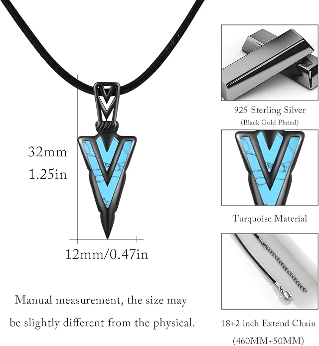 PCTJYFU Arrowhead Necklace 925 Sterling Silver for Women Men Pendant with Blue Opal/Abalone Shell/Turquoise Black Gold Plating Protective Symbol Jewelry Adjustable Chain Gift for Him Her